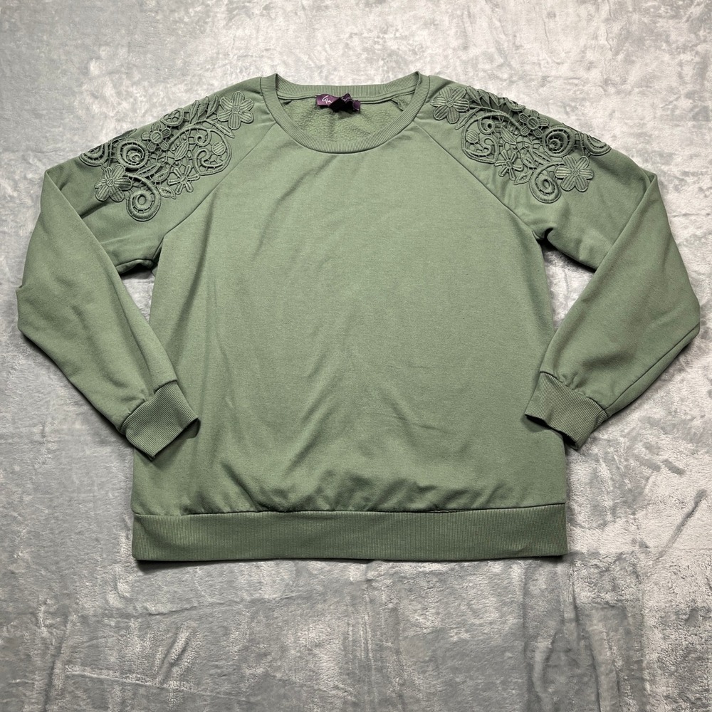 Gloria Vanderbilt Sweatshirt Womens Medium Green Lace Sleeve Pullover